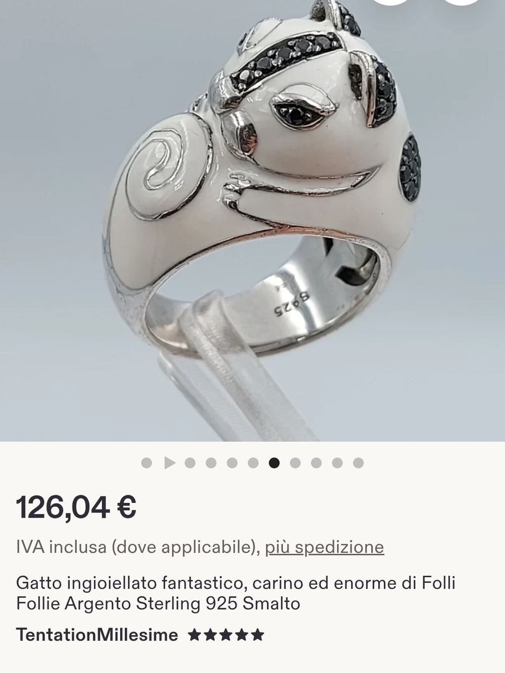 Folli Follie White Cat Enamel 925 Silver Ring with Black Stones